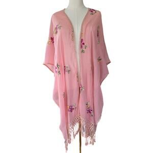 NWT Woven Heart Pink Embroidered Kimono Lace Tassel Fringe Plus Size 1X-5X Boho